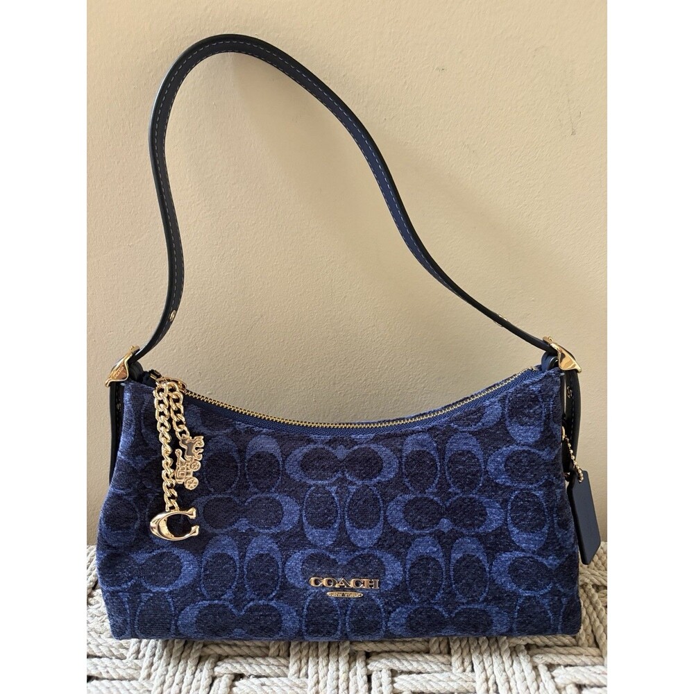 Coach Emeilia Shoulder Bag Crescent Signature Chenille CFN74 Gold Navy Charms